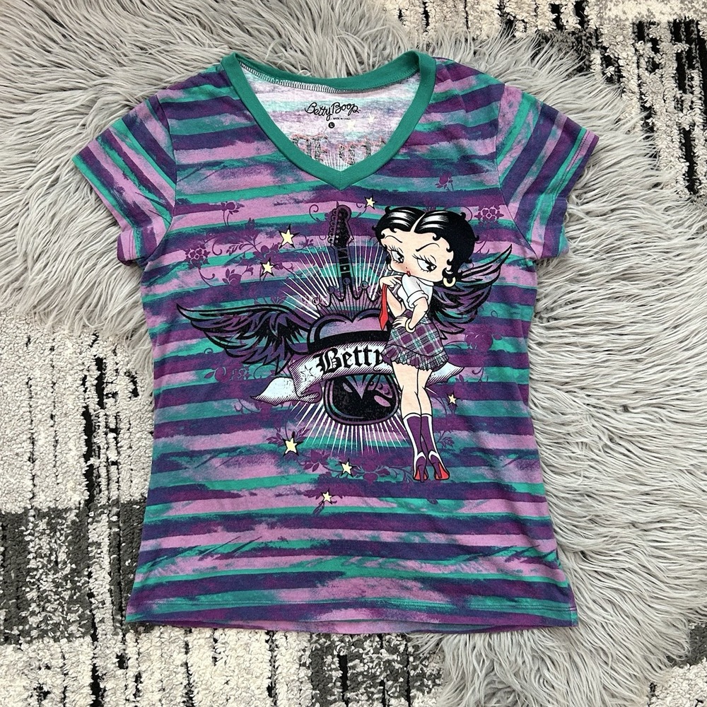 Betty Boop Shirt Juniors Size L Black Short Sleeve Baby Tee Sassy Cartoon Stripe